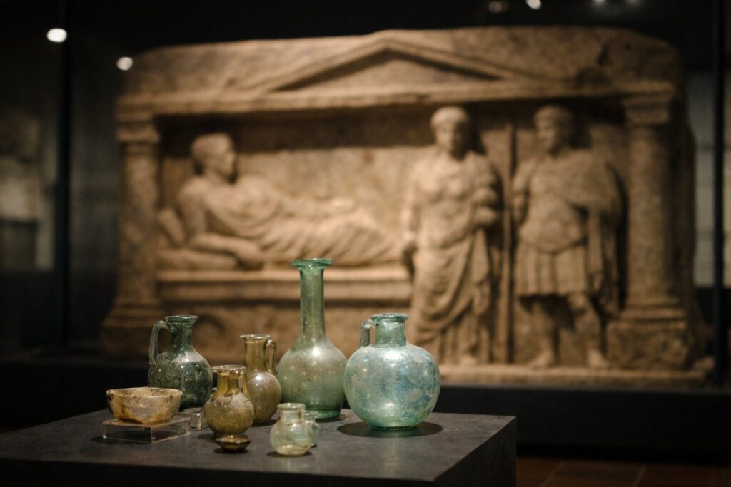Römische Glasgefäße und Reliefsteine in einer Museumsgalerie