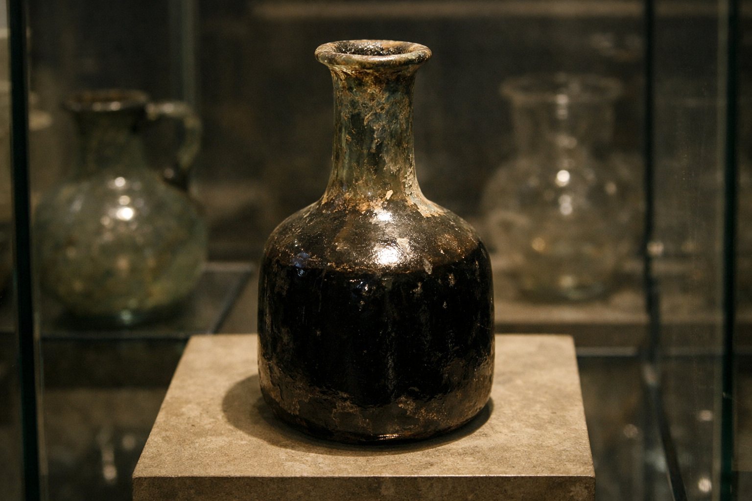 Antike Glasflasche mit dunklem Inhalt in einer Museumsvitrine