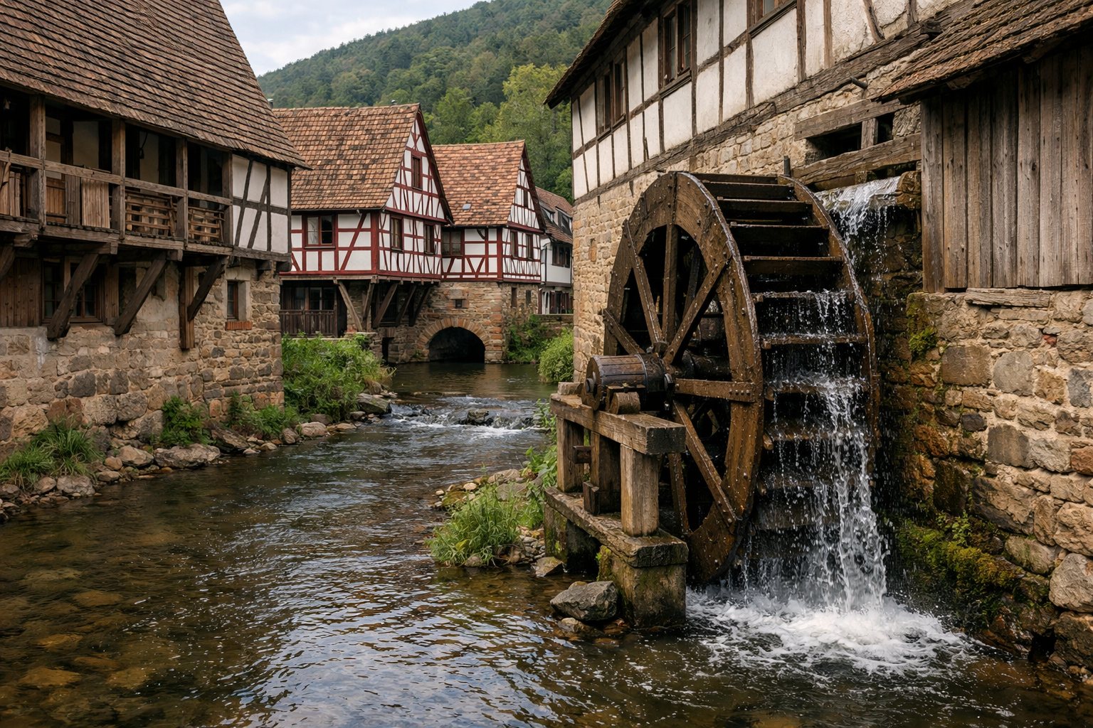 Fachwerkhäuser an einem Bach mit hölzernem Wasserrad