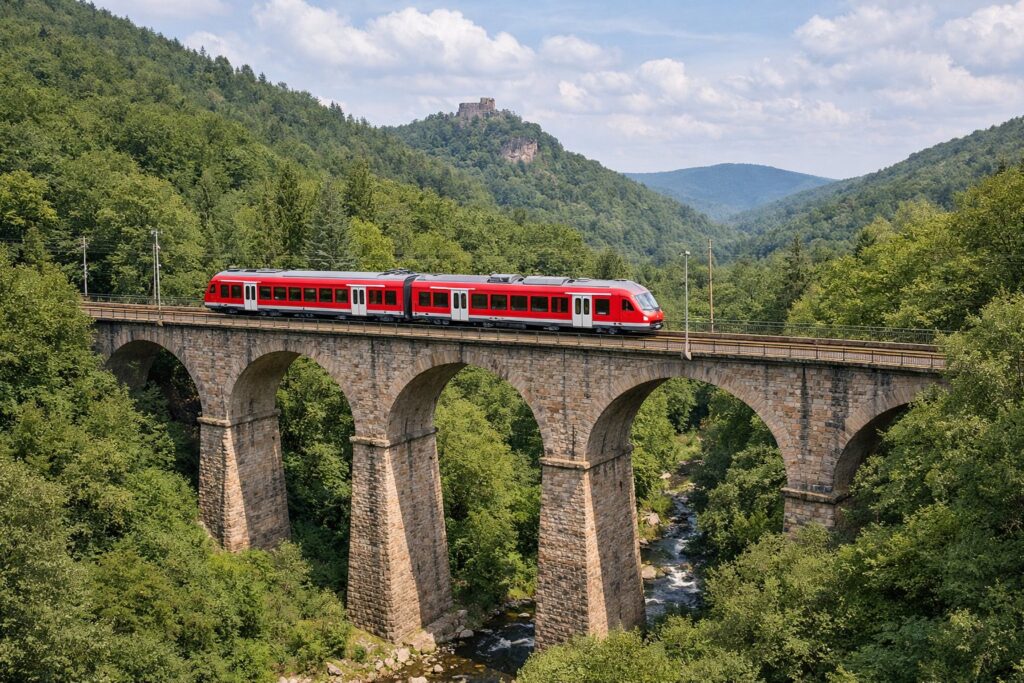 Regionalzug auf einem Steinviadukt über einem bewaldeten Tal