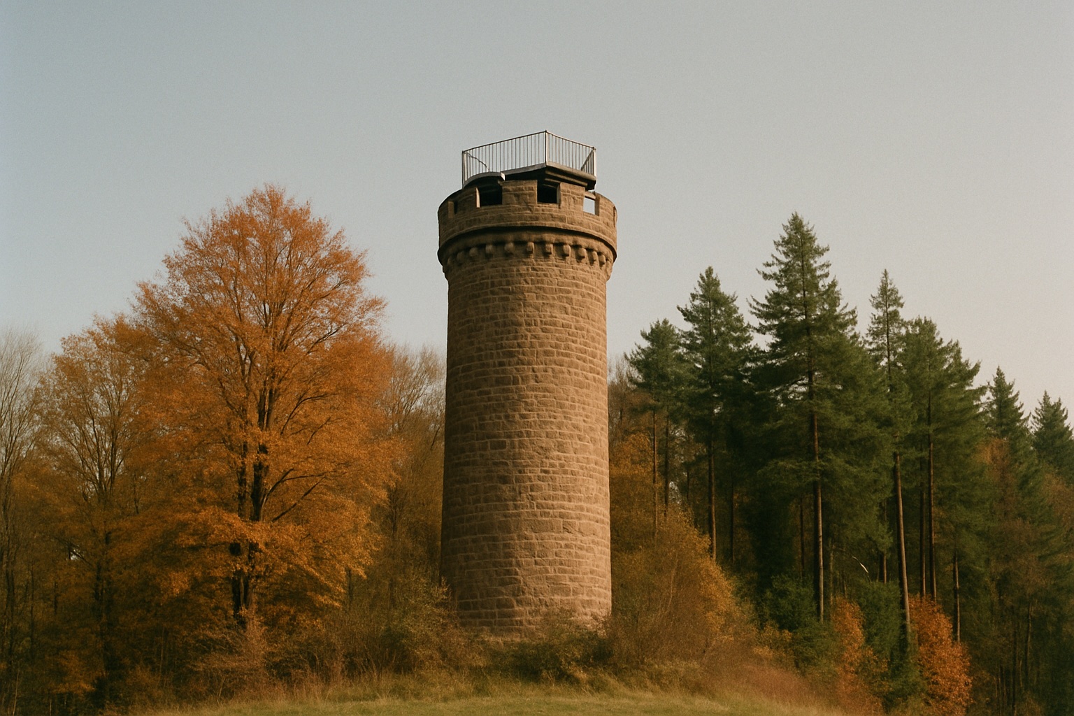 Runder Turm aus Sandsteinquadern mit Plattform über herbstlichem Laub- und Nadelwald