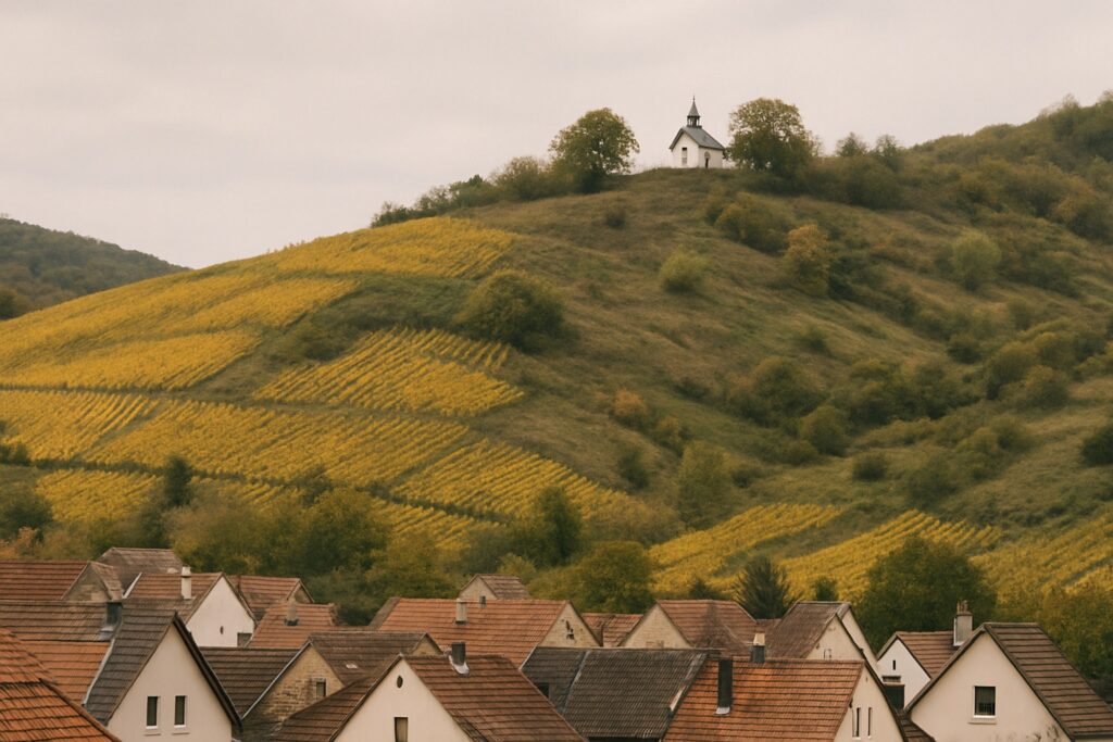 Weinberge an einem sanft ansteigenden Hang über den Dächern einer kleinen Stadt, oben eine weiße Kapelle