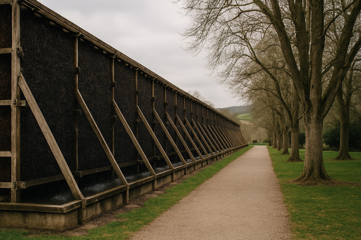 Langes Gradierwerk aus aufgeschichtetem Reisig in einem Holzgerüst, daneben ein Kiesweg und alte Bäume
