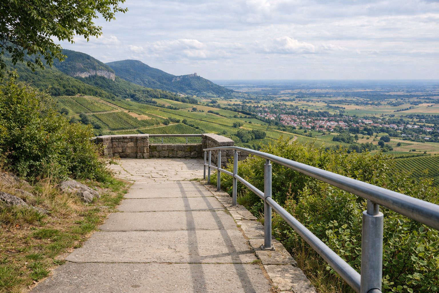 Ebener Weg mit Geländer zu einem Aussichtspunkt über Weinbergen