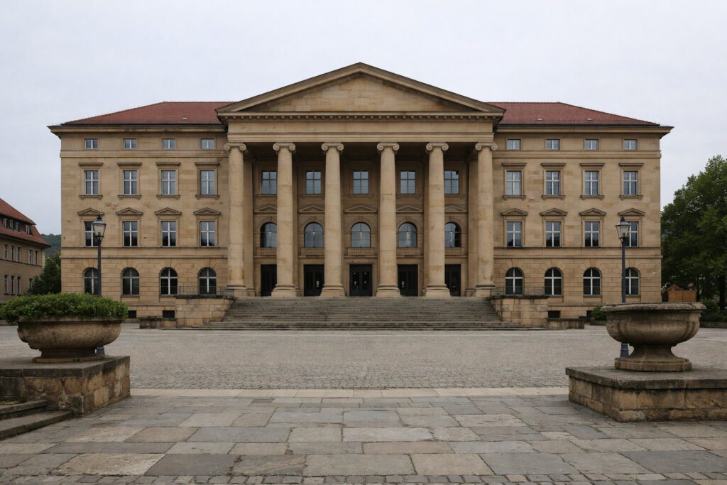 Klassizistisches Amtsgebäude mit Säulen an einem Platz