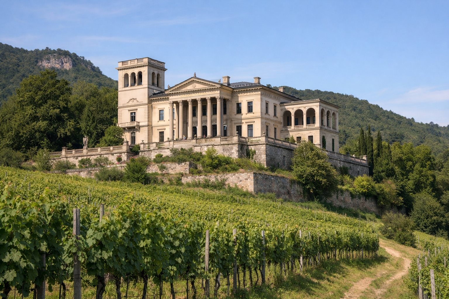 Klassizistische Villa im italienischen Stil über Weinbergen
