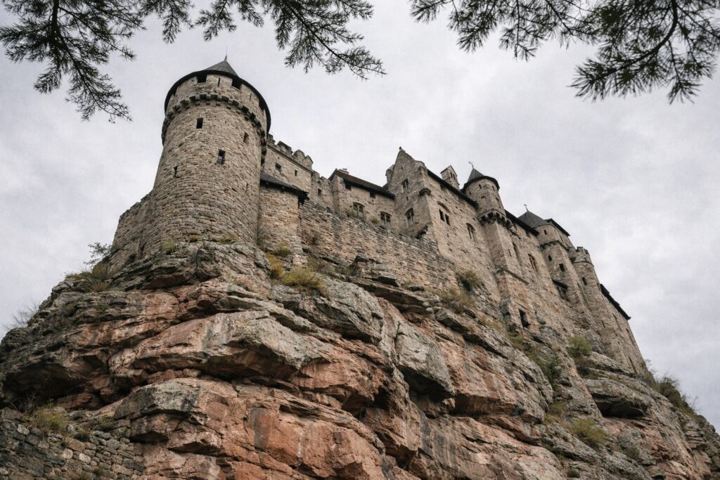 Blick steil nach oben auf eine Burg mit Turm auf einem roten Sandsteinfelsen, Kiefernzweige im Bild