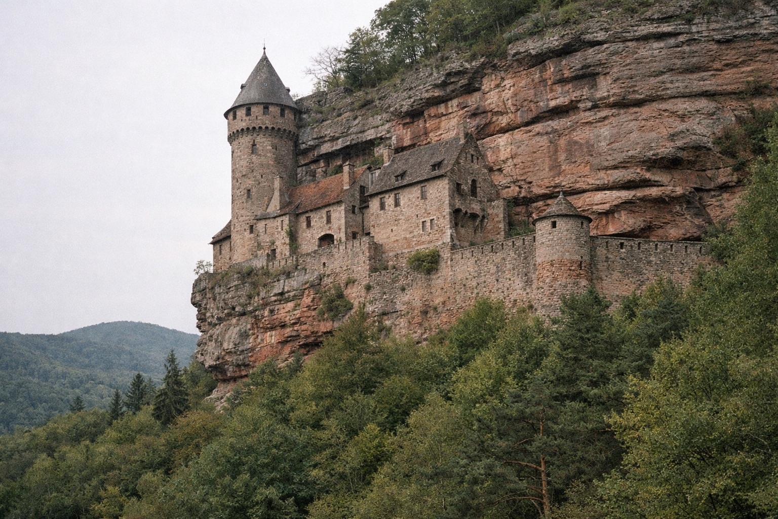 Burg mit Rundturm und Wohnbauten, die in eine rote Sandsteinwand hineingebaut ist, darunter Mischwald