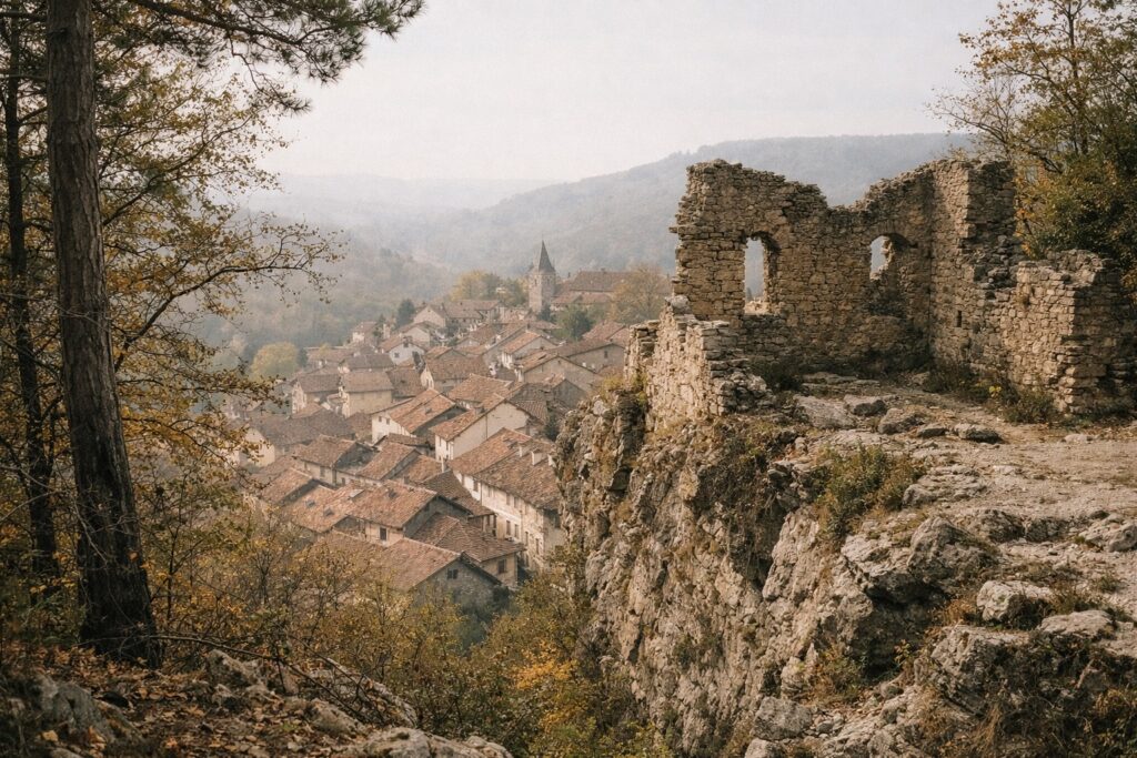 Blick vom Waldhang auf Ziegeldächer einer Kleinstadt, im Vordergrund Burgmauer am Felsrand