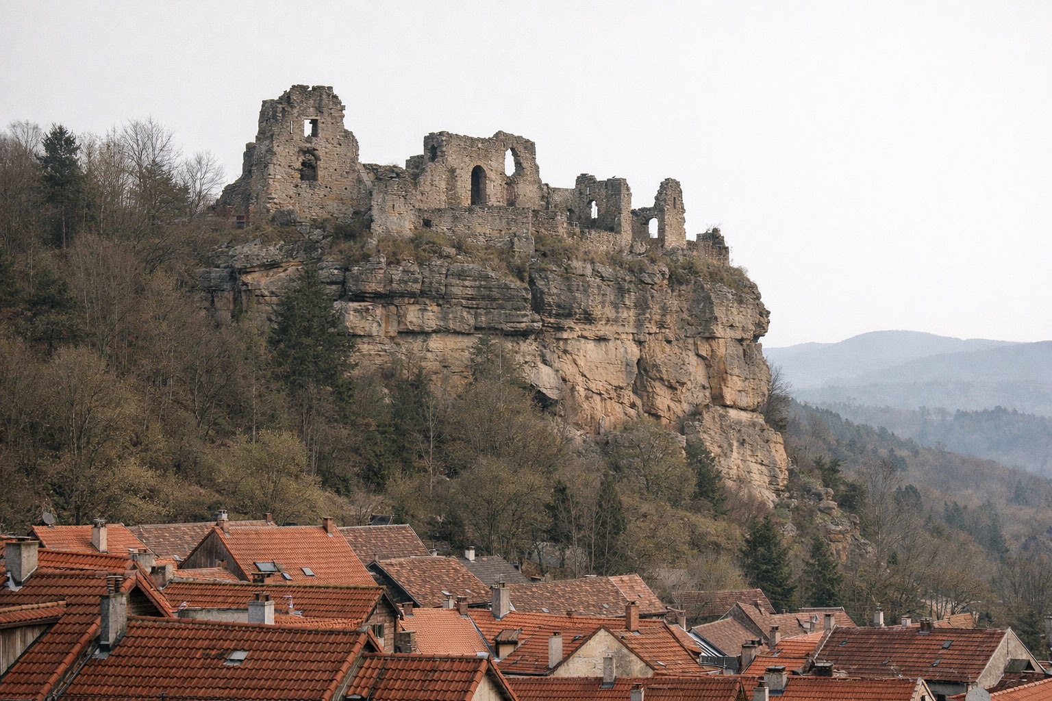 Burgruine auf einer steilen Sandsteinklippe über roten Ziegeldächern einer Kleinstadt