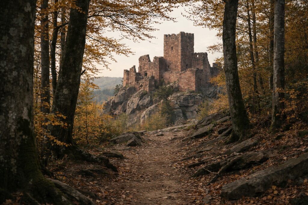 Waldweg durch Buchen im Herbst mit Blick auf eine Burgruine aus rotem Sandstein auf einer Felskuppe