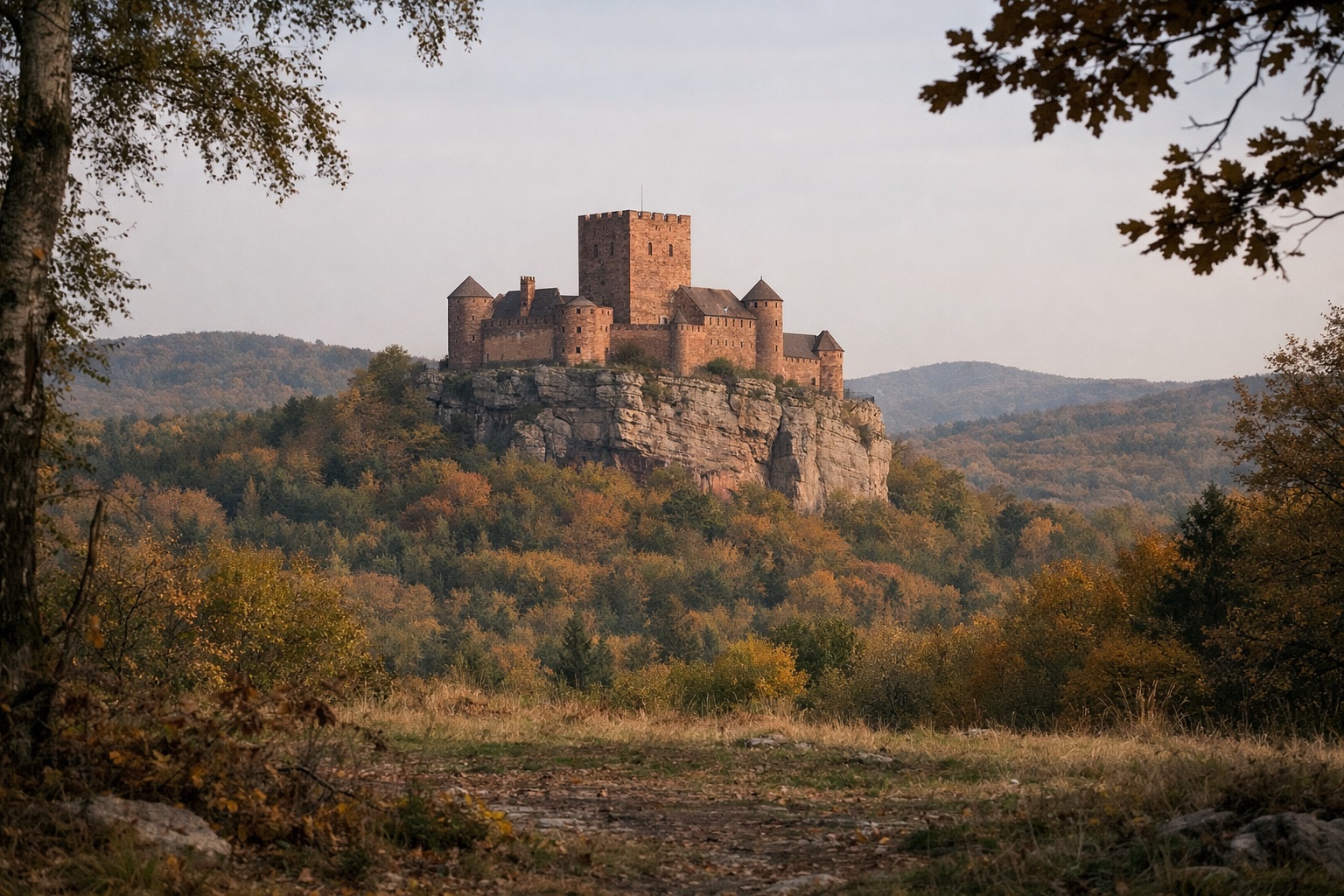 Burg aus rotem Sandsteinquaderwerk mit quadratischem Bergfried auf einem Felsklotz über herbstlichen Waldhügeln