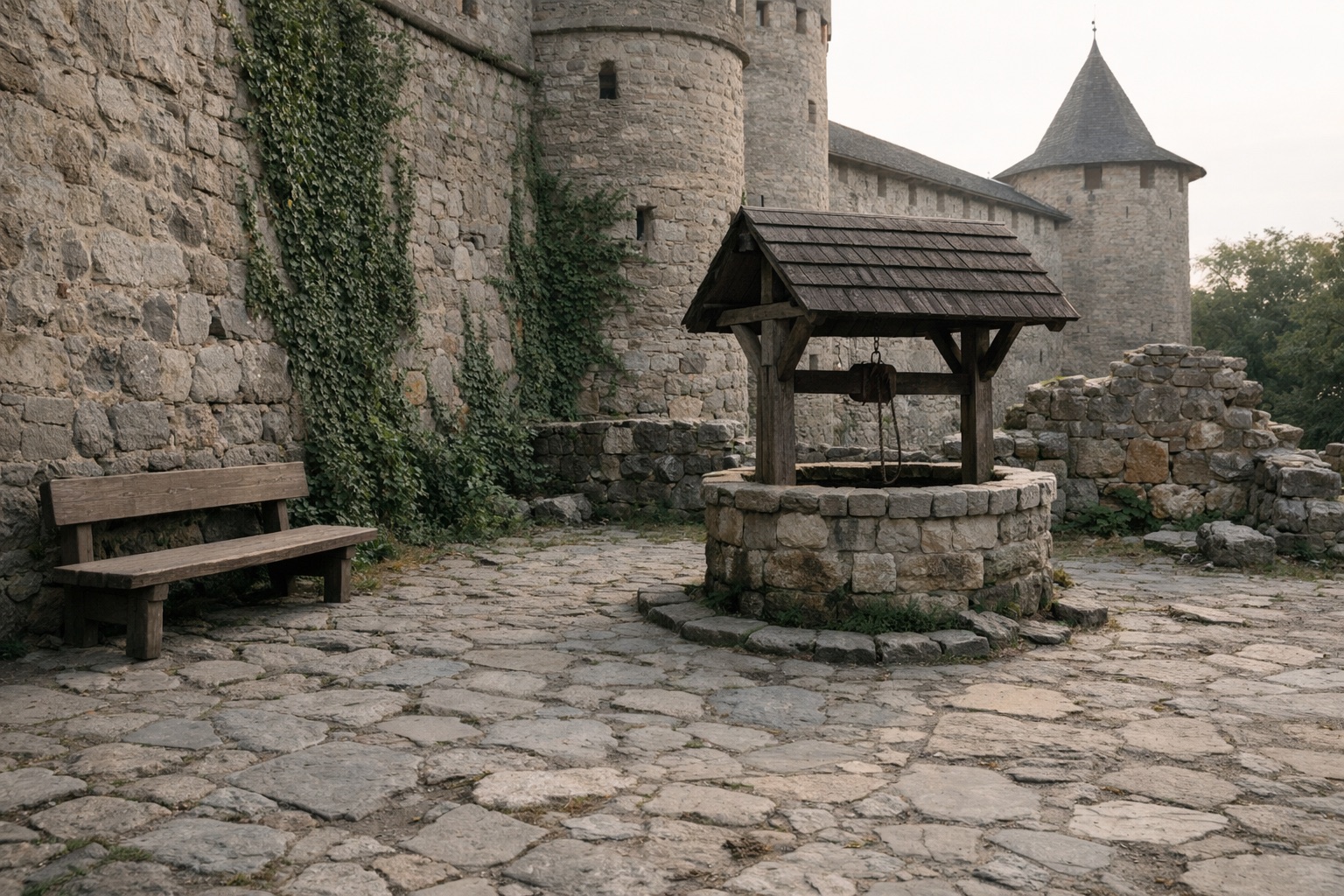 Leerer Burghof mit Kopfsteinpflaster, Holzbank, überdachtem Ziehbrunnen und efeubewachsenen Mauern