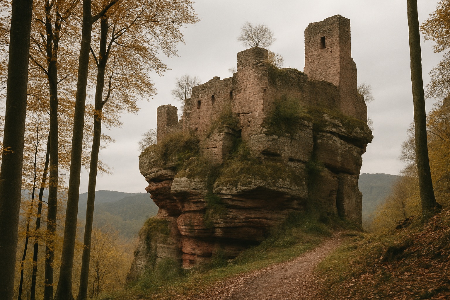 Ruine einer kleinen Burg aus rotem Sandstein auf einem Felsen, von unten durch Buchenwald im Oktober gesehen