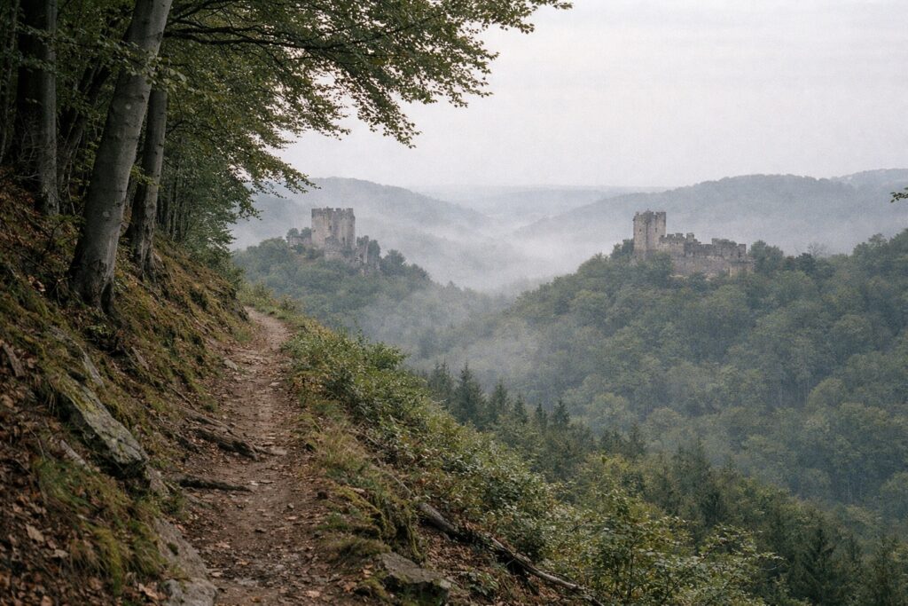 Schmaler Wanderpfad am Buchenhang mit Blick auf zwei Burgruinen auf dem gegenüberliegenden Rücken, Nebel im Tal