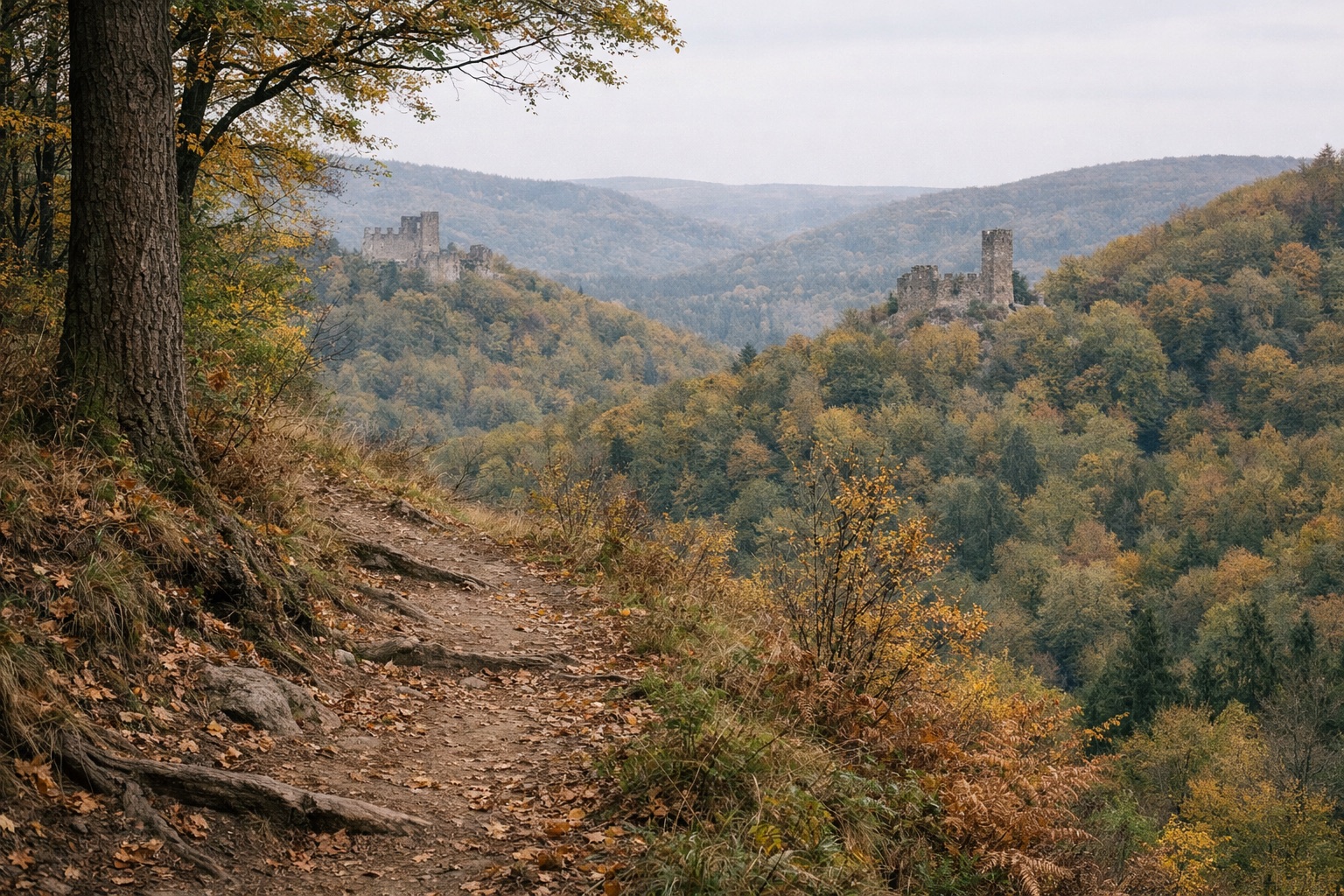 Waldpfad am Hang mit Blick über ein Tal auf zwei kleine Burgruinen am Gegenhang im Herbstwald