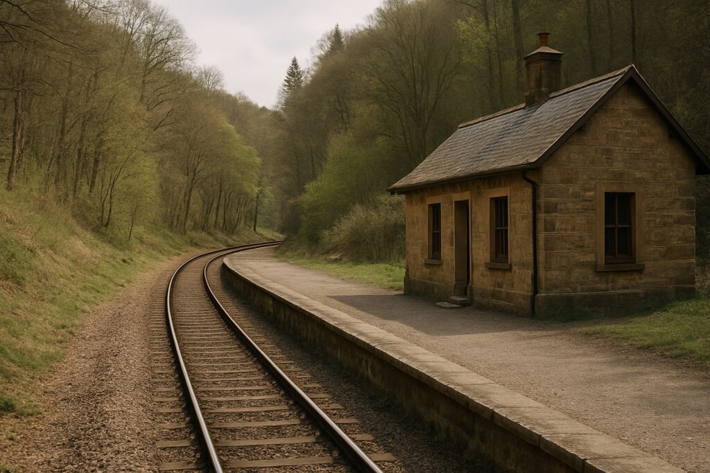 Kleiner Haltepunkt mit einem Bahnsteig und altem Sandsteingebäude in einem Waldtal, leeres Gleis