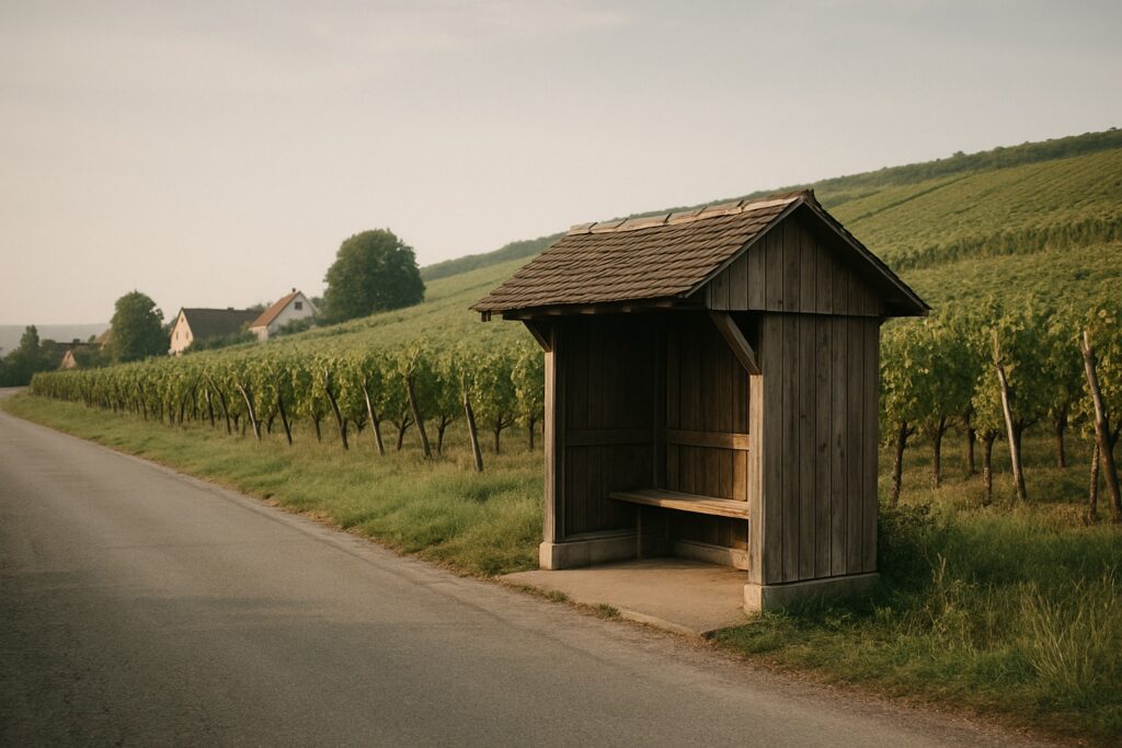 Ländliche Bushaltestelle mit Holzunterstand am Rand eines Weindorfs, dahinter Weinberge