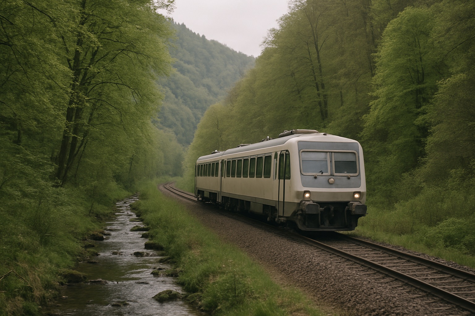 Kurzer Regionaltriebwagen ohne Aufschrift auf eingleisiger Strecke in einem bewaldeten Tal neben einem Bach