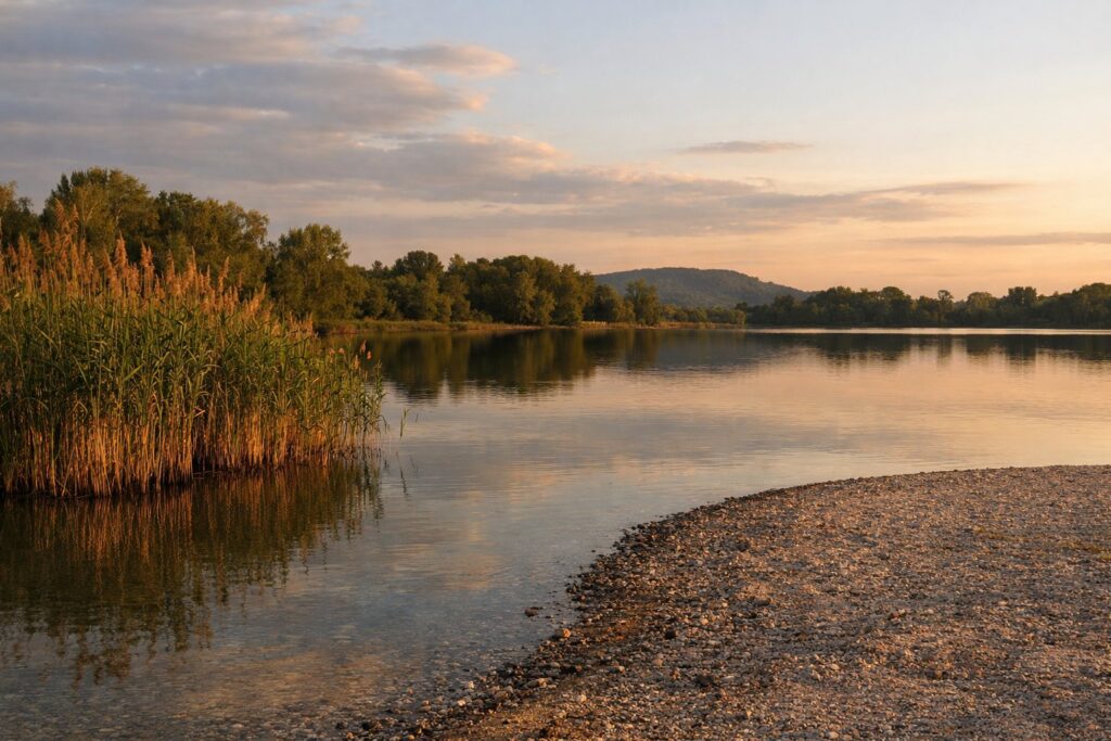 See in den Rheinauen mit Schilf und kleinem Kiesstrand im Abendlicht