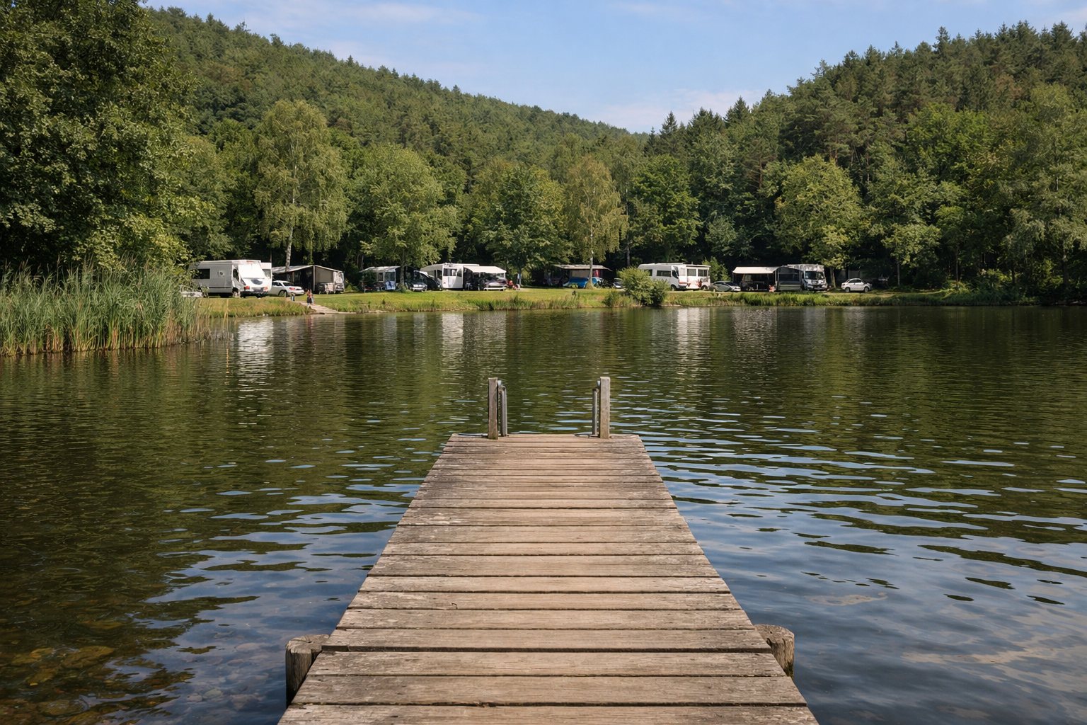 Badesteg an einem Waldsee mit Stellplätzen am Ufer im Sommer