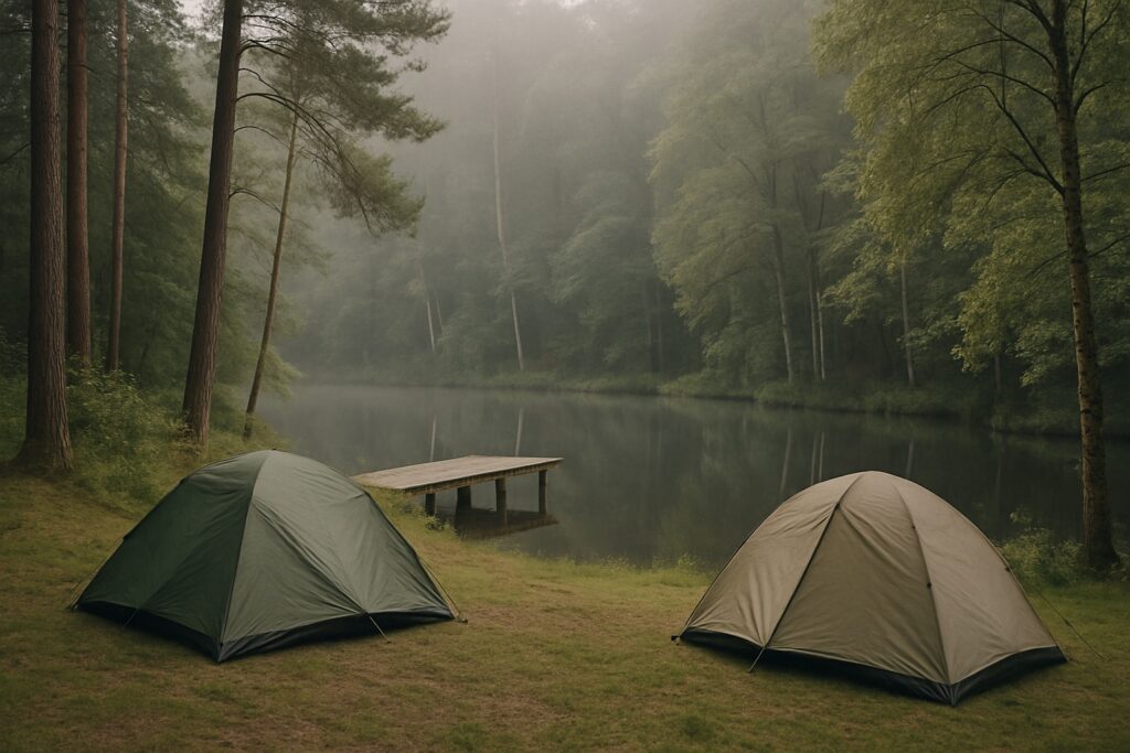 Zeltwiese am Ufer eines Waldweihers im Morgennebel mit zwei Zelten und einem Holzsteg