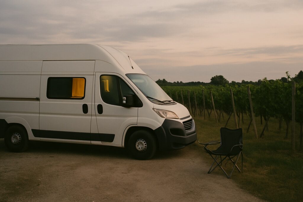Weißer Campingbus ohne Logo auf einem Kiesstellplatz am Rand eines Weinbergs am Abend