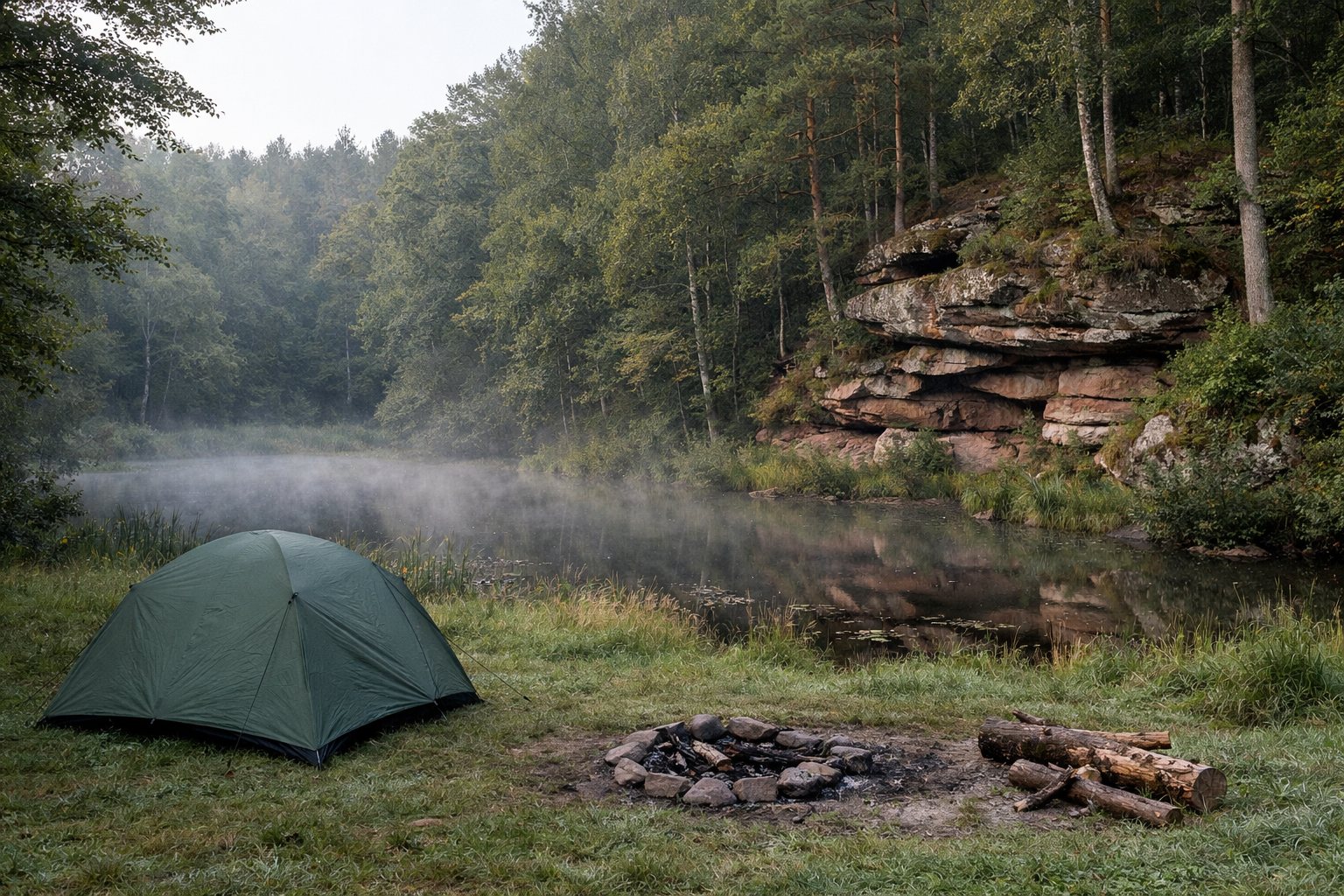 Zeltwiese an einem Waldweiher im Morgennebel, Sandsteinfelsen im Wald
