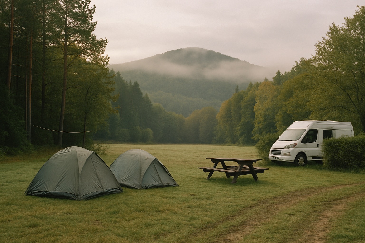 Kleiner Campingplatz auf einer Wiese am Waldrand mit zwei Zelten, einem Campingbus und einer Holzbank im Morgennebel