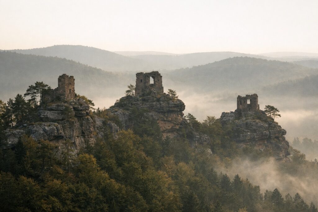 Gegenlichtaufnahme dreier Burgruinen auf Sandsteinköpfen, Nebel im Tal und bewaldete Hügel