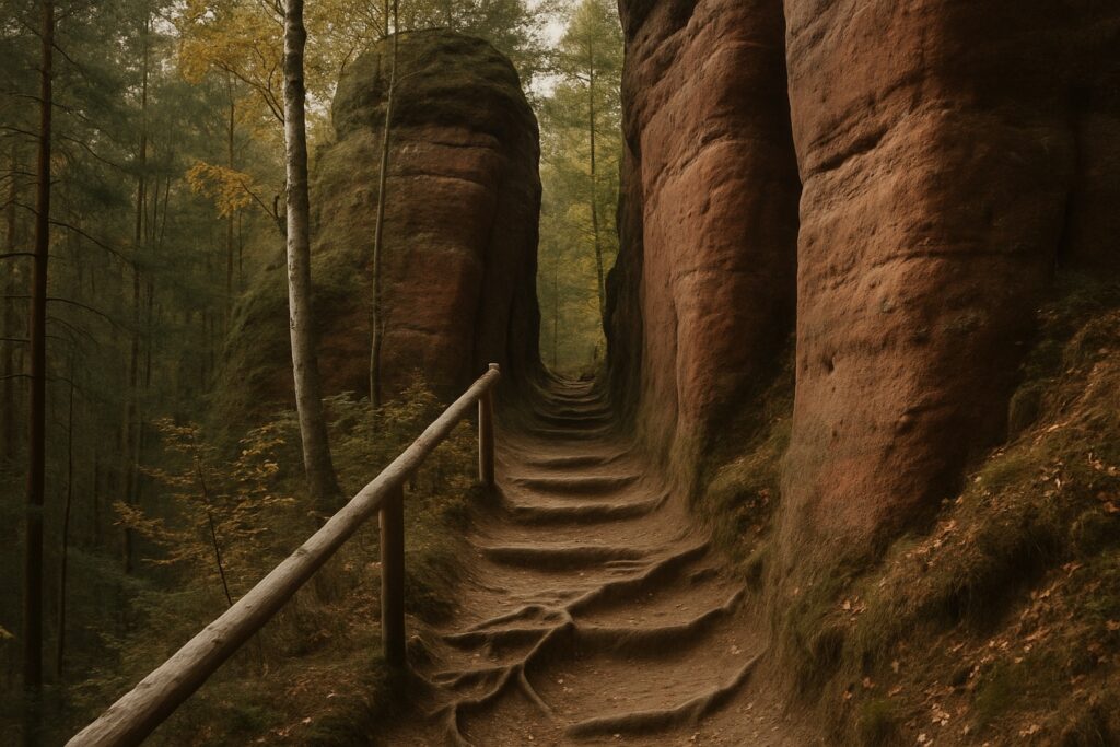 Schmaler Pfad mit Holzgeländer zwischen roten Felstürmen im Mischwald