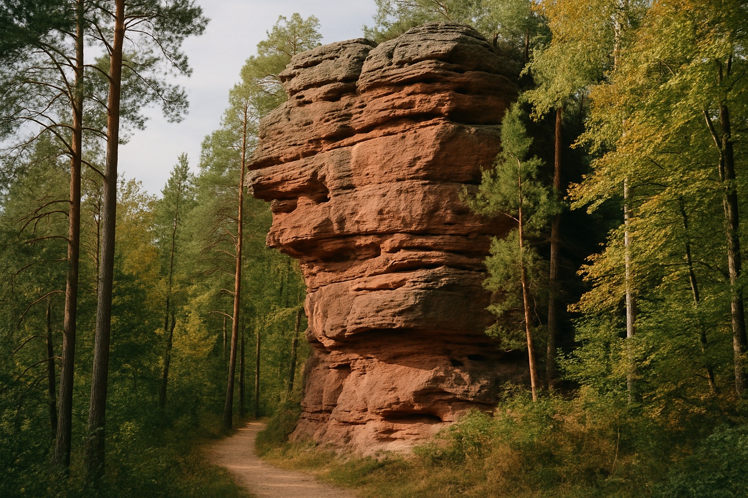 Einzelner hoher Felsklotz aus rotem Buntsandstein mit Überhängen über Mischwald, ein Sandpfad am Fuß des Felsens