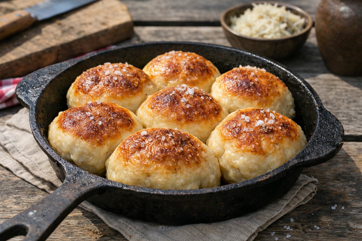 Gusseiserne Pfanne mit goldbraunen Dampfnudeln mit Salzkruste