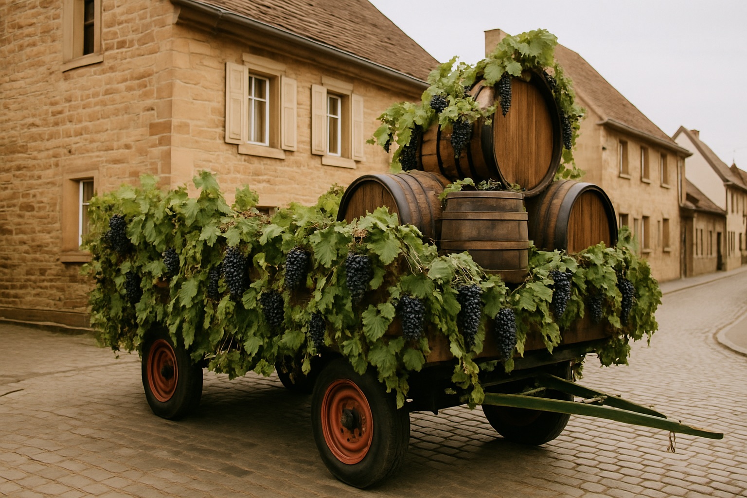 Mit Weinlaub, Trauben und Holzfässern geschmückter Wagen in einer Altstadtstraße