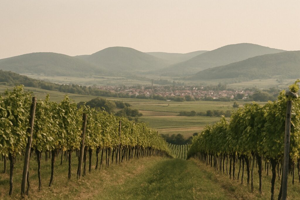 Blick aus den Reben nach Süden über ein Tal mit einer kleinen Stadt zu niedrigen bewaldeten Hügeln