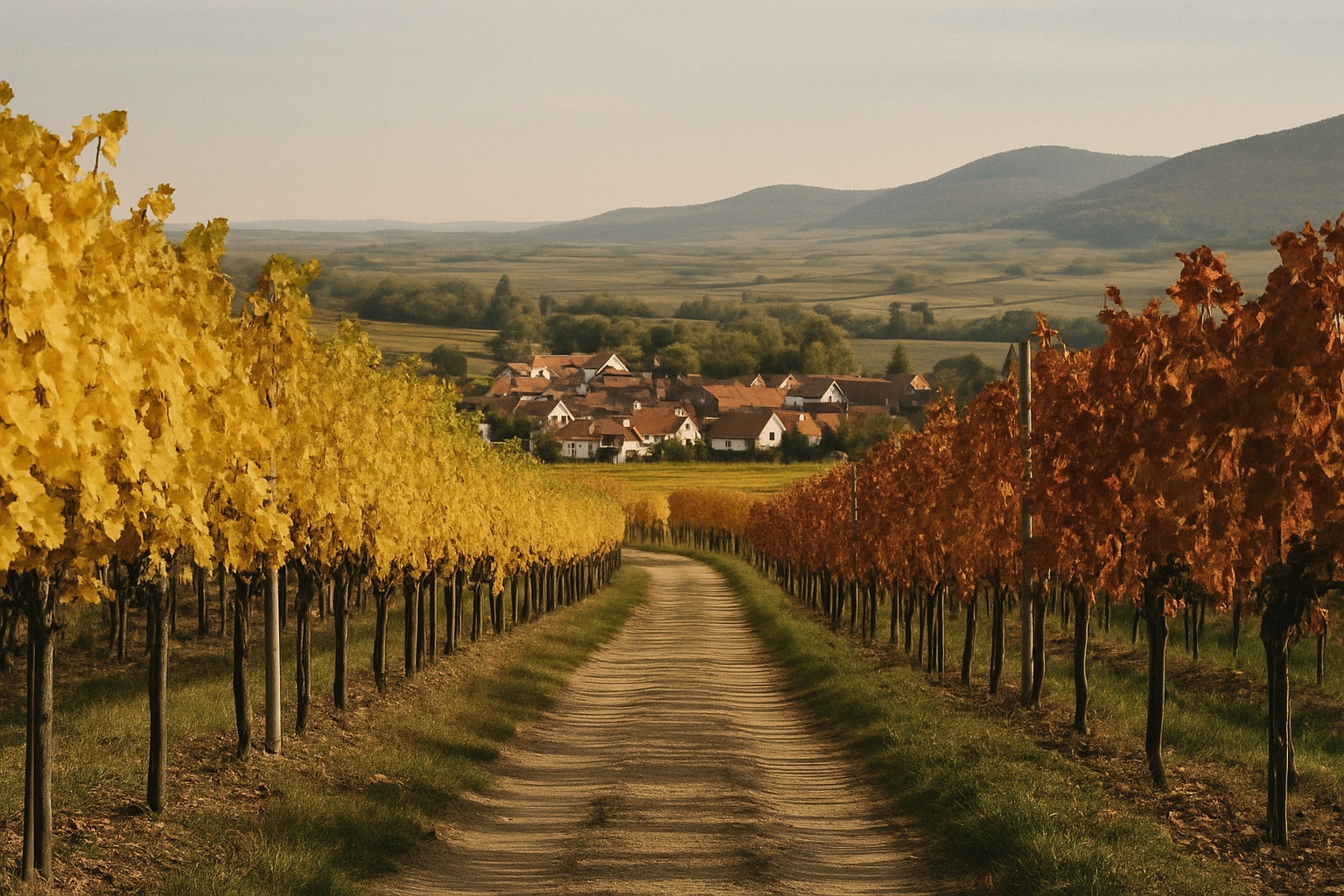 Weinberge mit gelbem und rotem Herbstlaub, ein Feldweg und ein Dorf mit roten Dächern vor sanften Hügeln