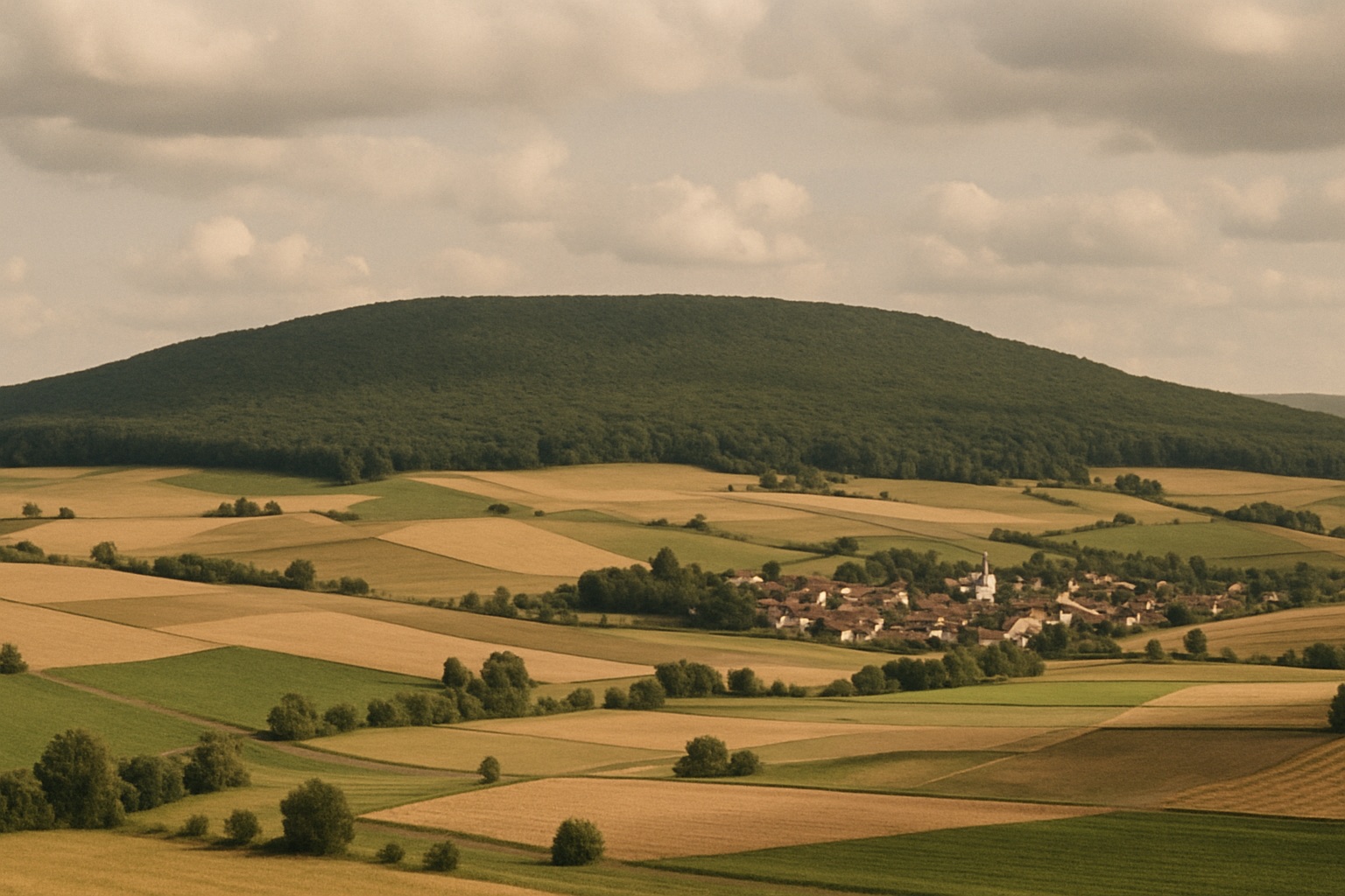 Breiter bewaldeter Bergrücken über offenem Hügelland mit Feldern und einem Dorf am Fuß