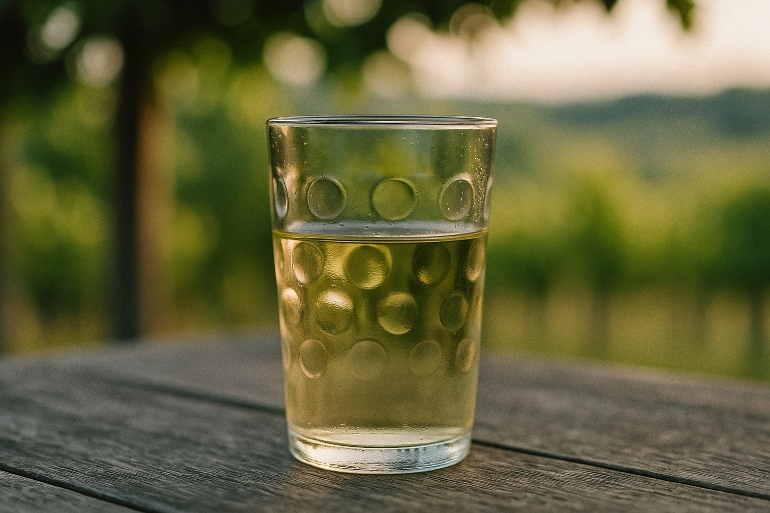 Ein Dubbeglas mit Weißwein auf einem verwitterten Holztisch unter einer Weinlaube