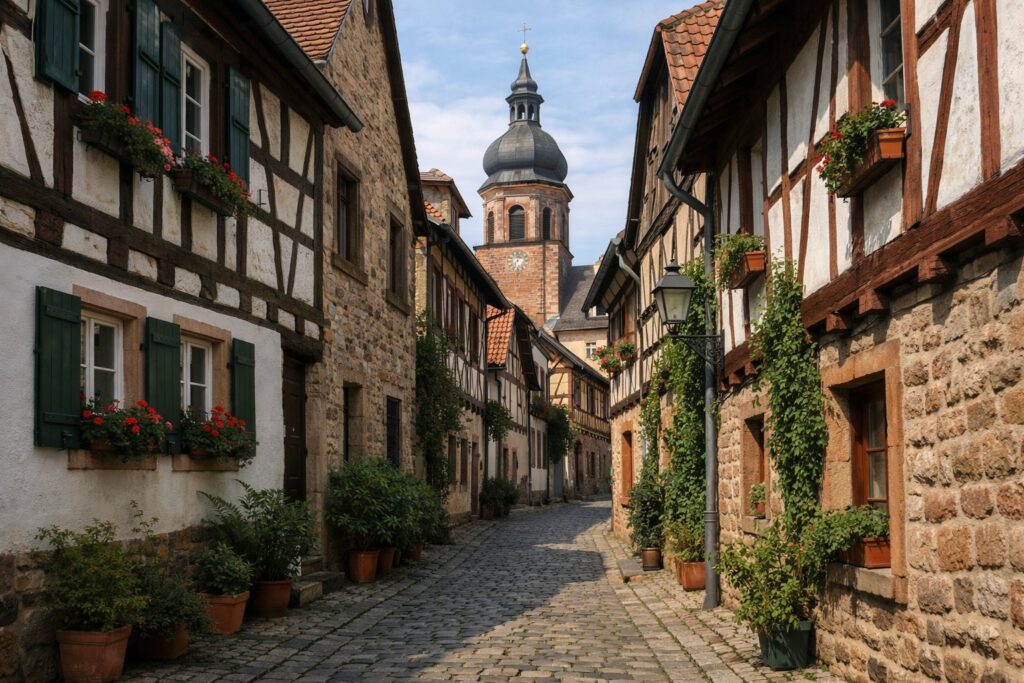 Kopfsteingasse mit Fachwerkhäusern und Kirchturm