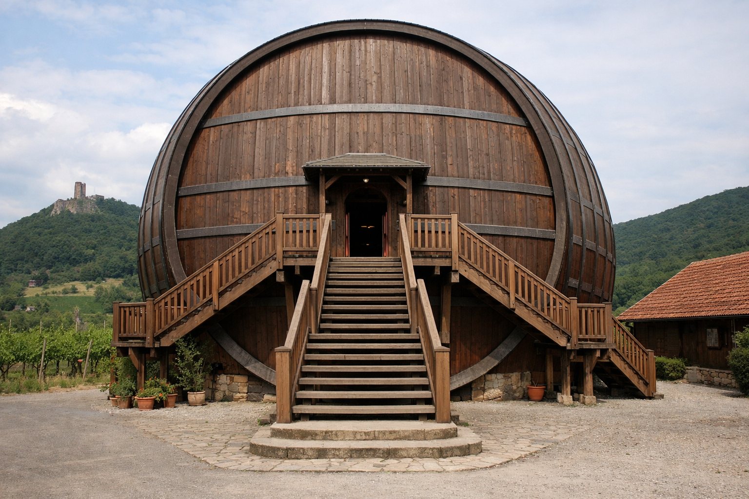 Riesiges Holzfass als Gebäude mit Treppe davor