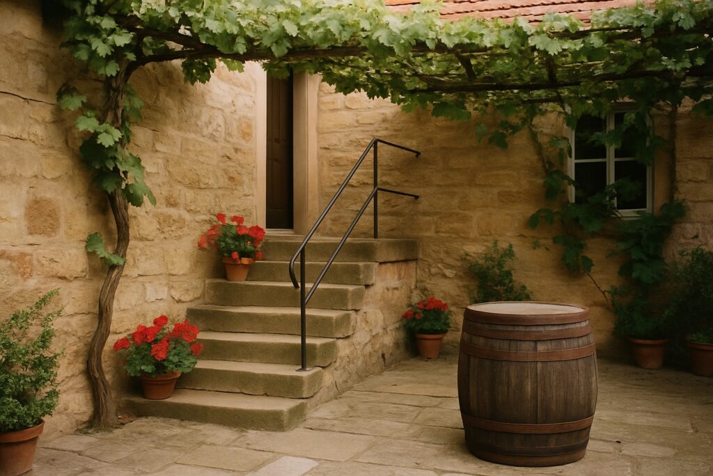 Hof eines Winzerhauses mit Sandsteintreppe, Weinlaube, Geranien und einem Fass als Tisch