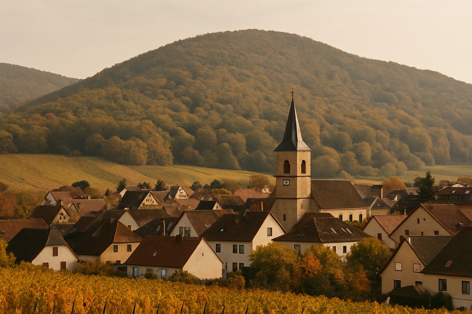 Weinort mit Kirchturm zwischen Herbstreben, dahinter steile bewaldete Hänge