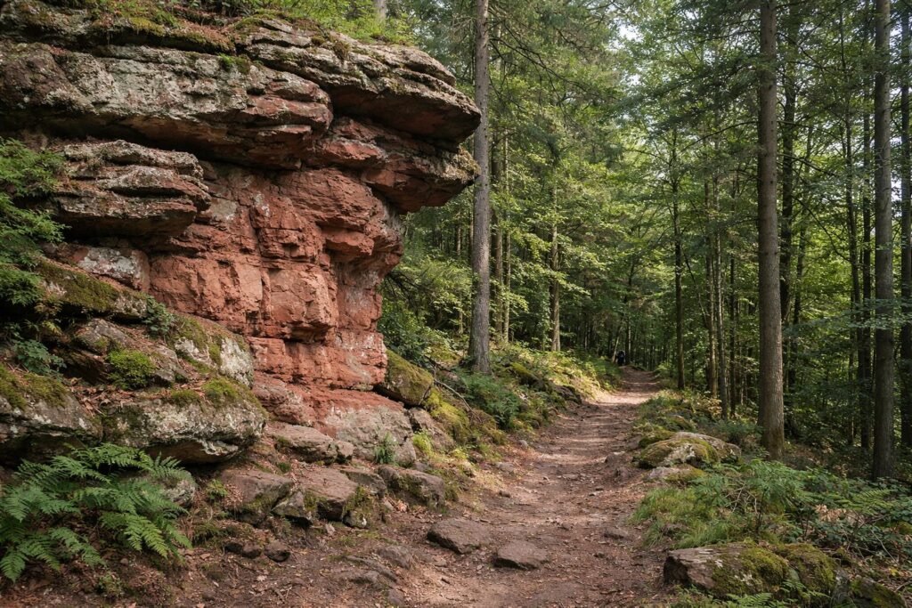 Rote Sandsteinformation an einem Wanderweg in den Nordvogesen