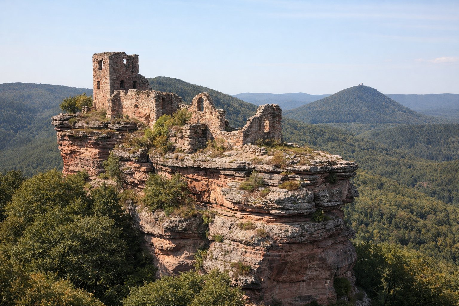 Burgruine auf einem Sandsteinfelsgrat über bewaldeten Hügeln der Nordvogesen