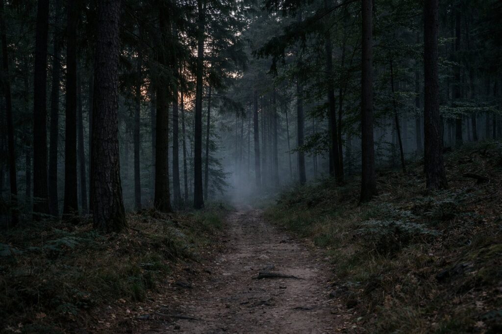 Schmaler Waldweg in der Dämmerung mit Nebel zwischen den Stämmen