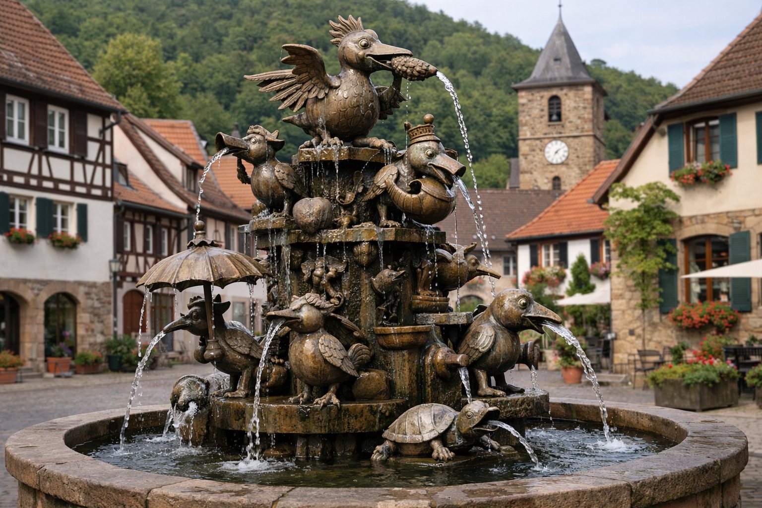 Verspielter Bronzebrunnen mit Fabelvögeln auf einem Stadtplatz