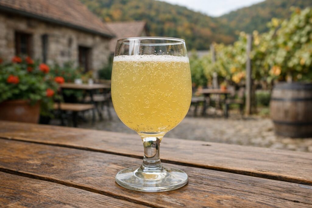 Glas mit trübem, perlendem Jungwein auf einem Holztisch