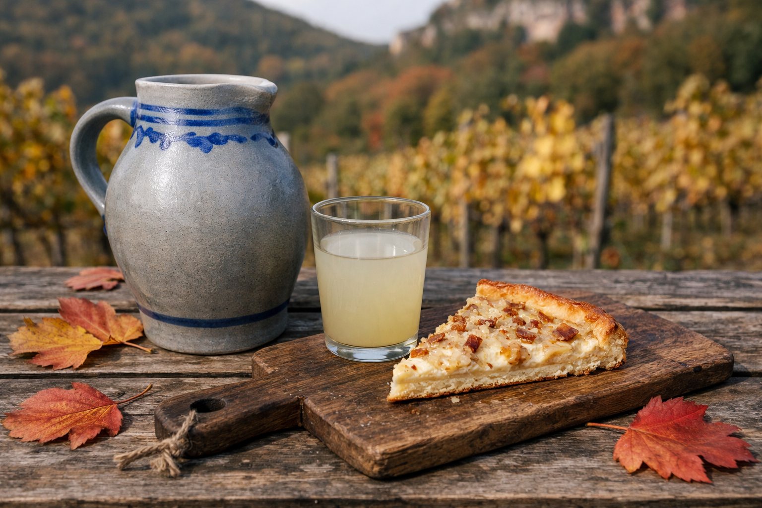 Steinkrug mit trübem Jungwein und ein Stück Zwiebelkuchen auf einem Holzbrett