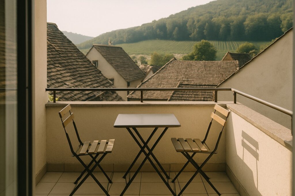 Kleiner Balkon mit zwei Klappstühlen, Blick über alte Dächer auf Weinberge und Waldhügel