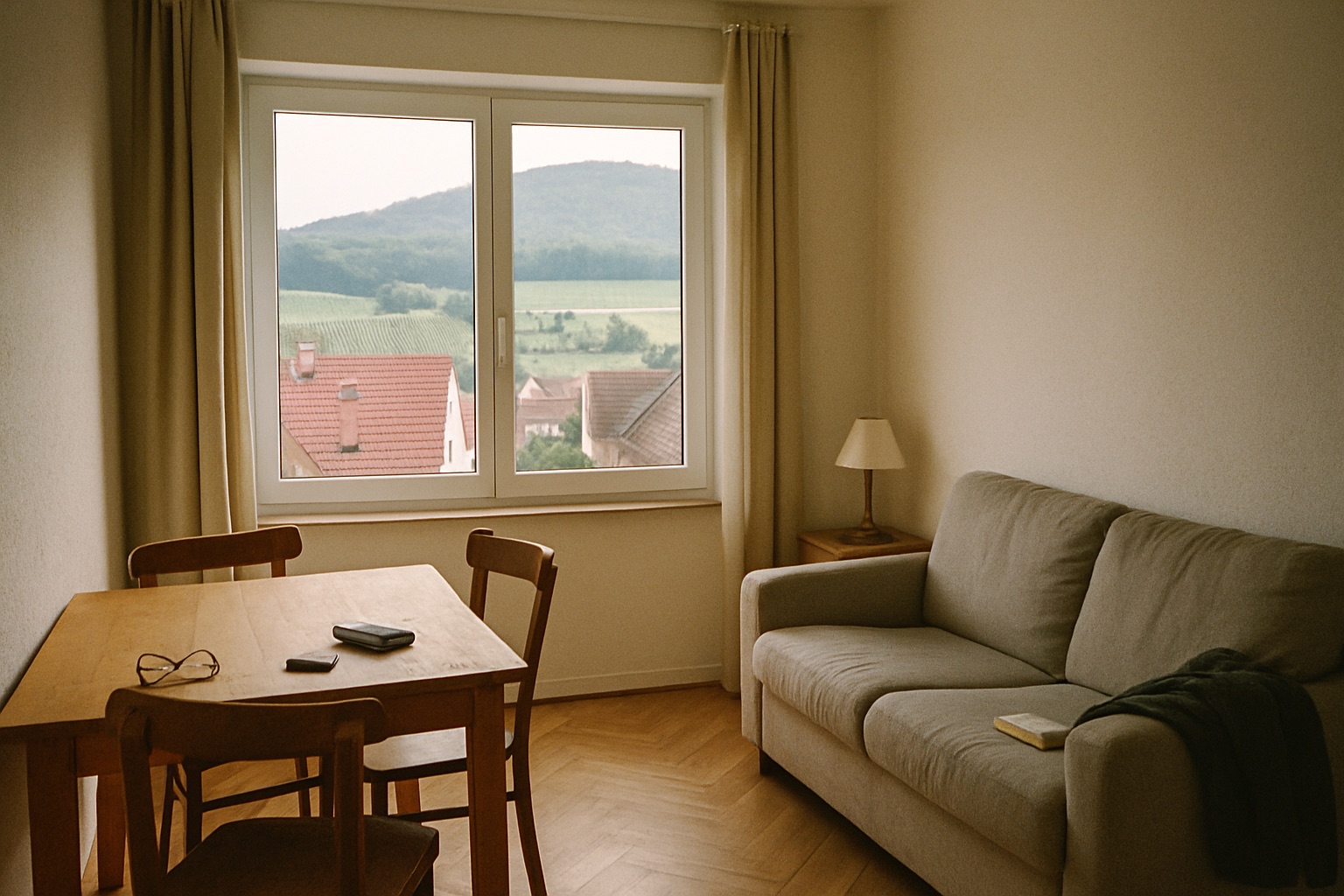Schlichtes Wohnzimmer mit Holztisch, Stühlen und Sofa, Fensterblick über rote Dächer auf Weinberge